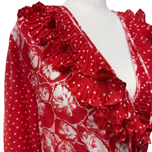 Diane Freis Georgette Midi Dress Size Large Pleated Floral Red Ruffles VTG 80s - Picture 8 of 10